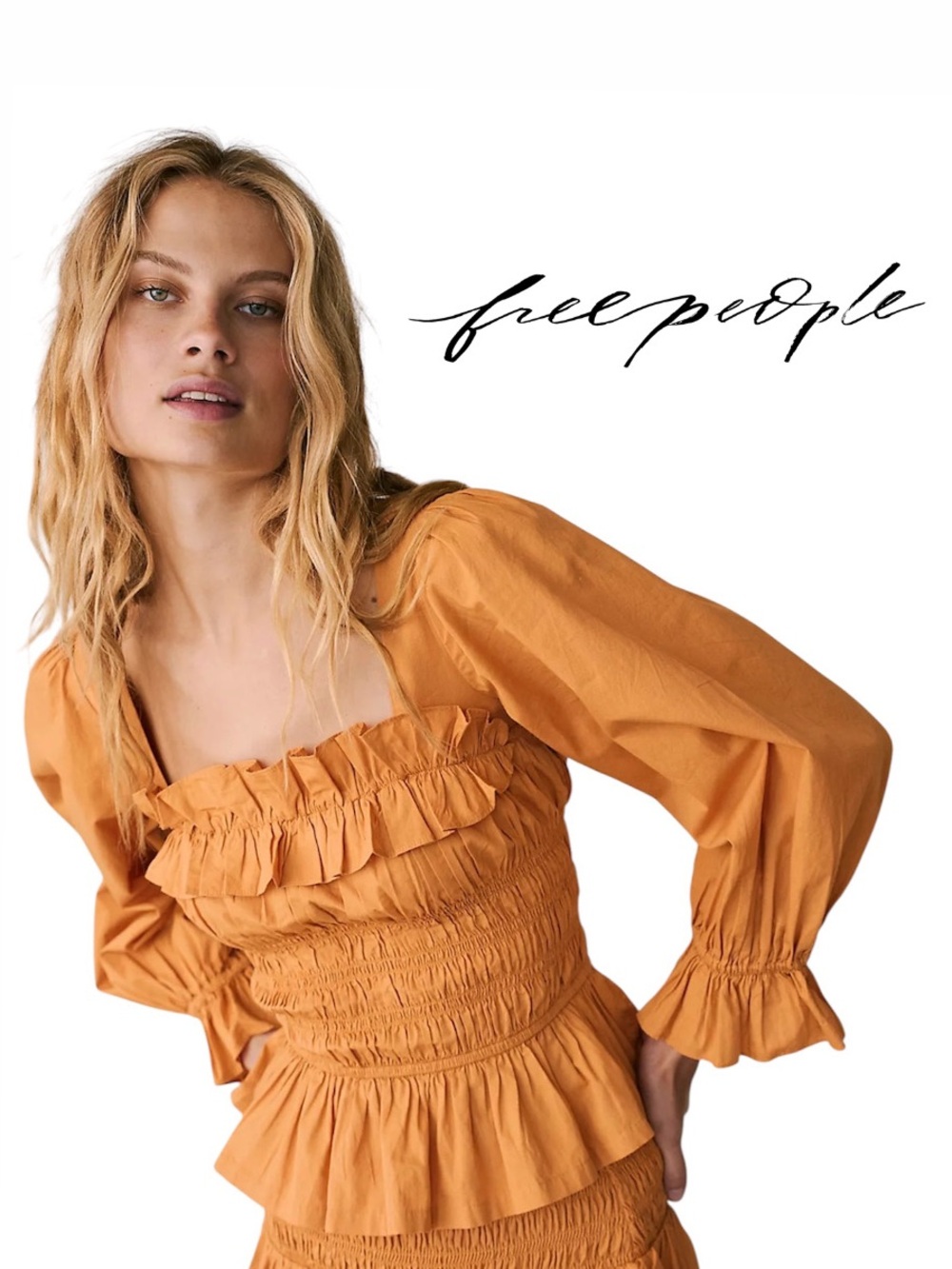 FREE PEOPLE Keep The Romance Puff Sleeve Smocked Peplum Top in Amber Honey Sz. S
